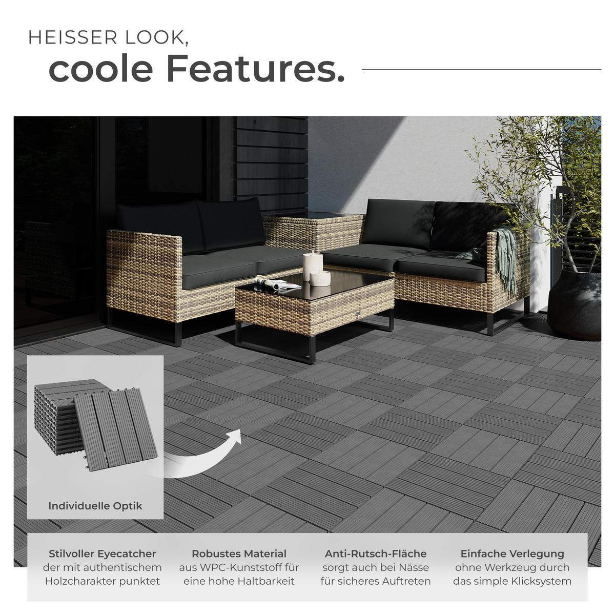 TERRASSENFLIESEN Tegulas,31 x 31 x 2,2 cm,grau - Grau, Kunststoff (31/31/2.2cm) - tectake