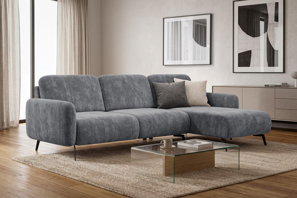 ECKSOFA FEBE 4-Sitzer RECHTS, grauer Chenille-Stoff - Schwarz/Grau, Holz/Textil (264/157cm) - Wozimo