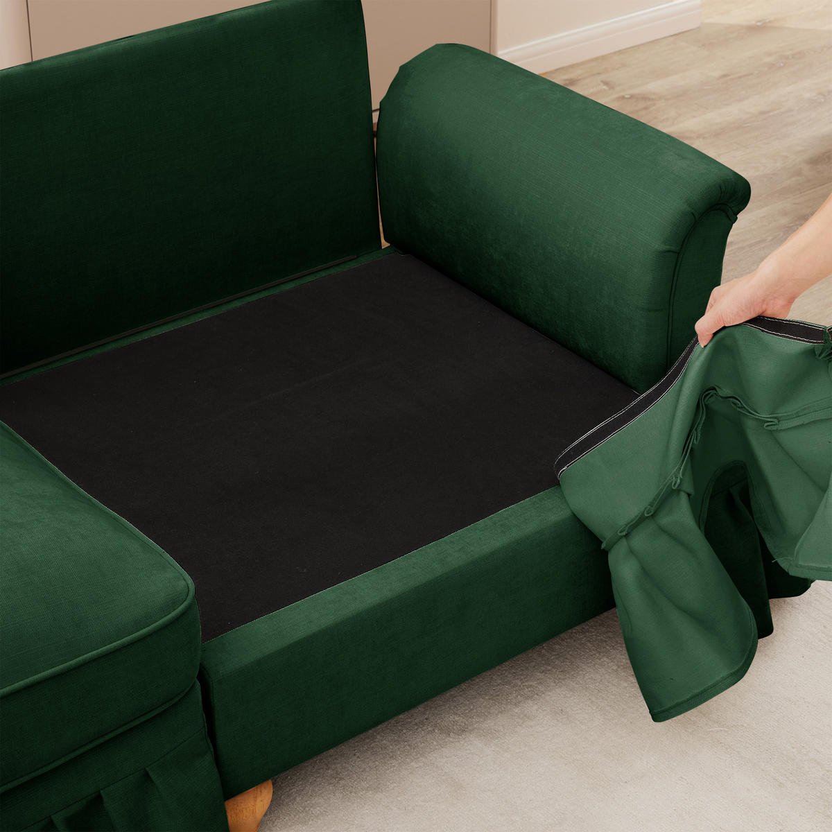 MODULARES Ecksofa Chenille mit Hocker und abnehmbarem Rüschenrock 272/140/93 cm Grün - Grün, Textil (140/272cm) - Redom