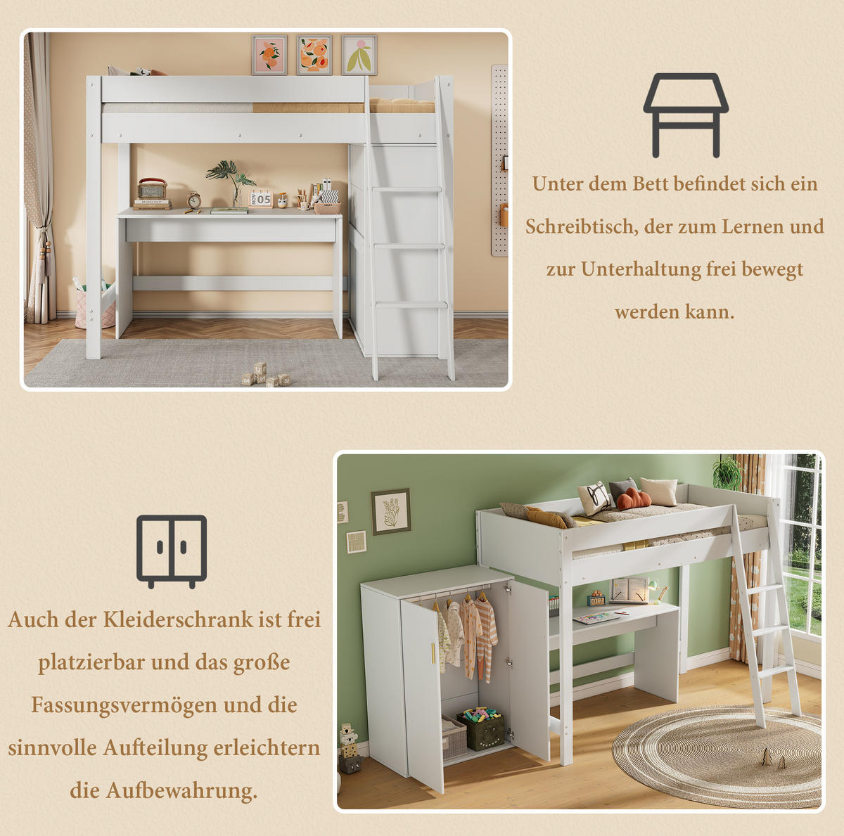HOCHBETT 90/200 cm in Weiß mit Schreibtisch und Kleiderschrank - Weiß, Holzwerkstoff (90/200cm) - Flora Grace