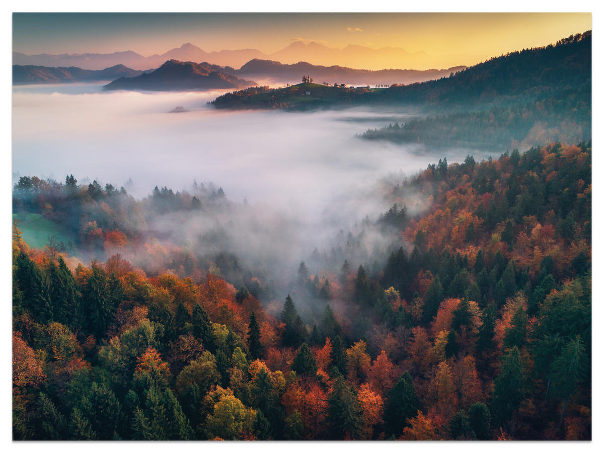 FOTOTAPETE für Wohnzimmer Nebelwald Sonnenuntergang Berge Bäume 350x256 - Beige/Rot, Papier (350/256cm) - Muralo