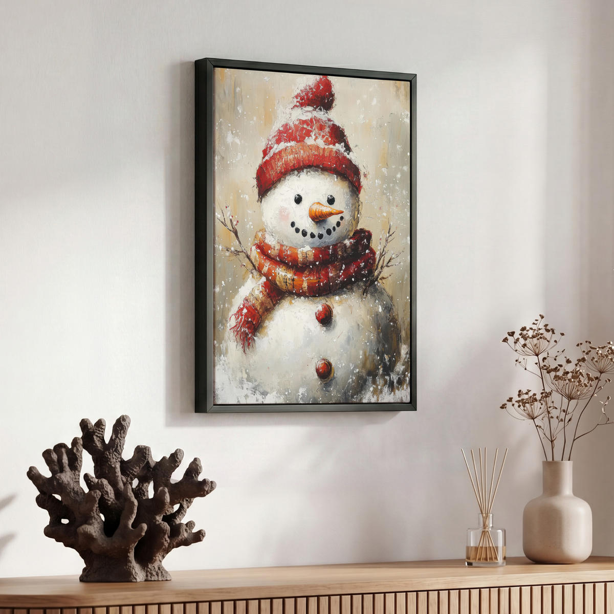 LEINWAND Bilder mit Rahmen - Schneemann - Winter - Schnee - Beige - 30x40 - Weiß, Textil (30/40cm) - MuchoWow