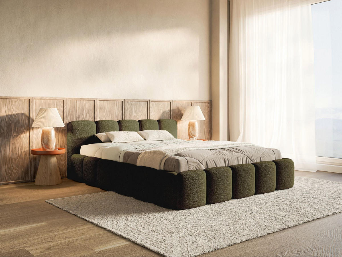 POLSTERBETT Cloudy Low Olivgrün Bouclébezug 140x200 - Olivgrün, Textil (140/200cm) - Selsey