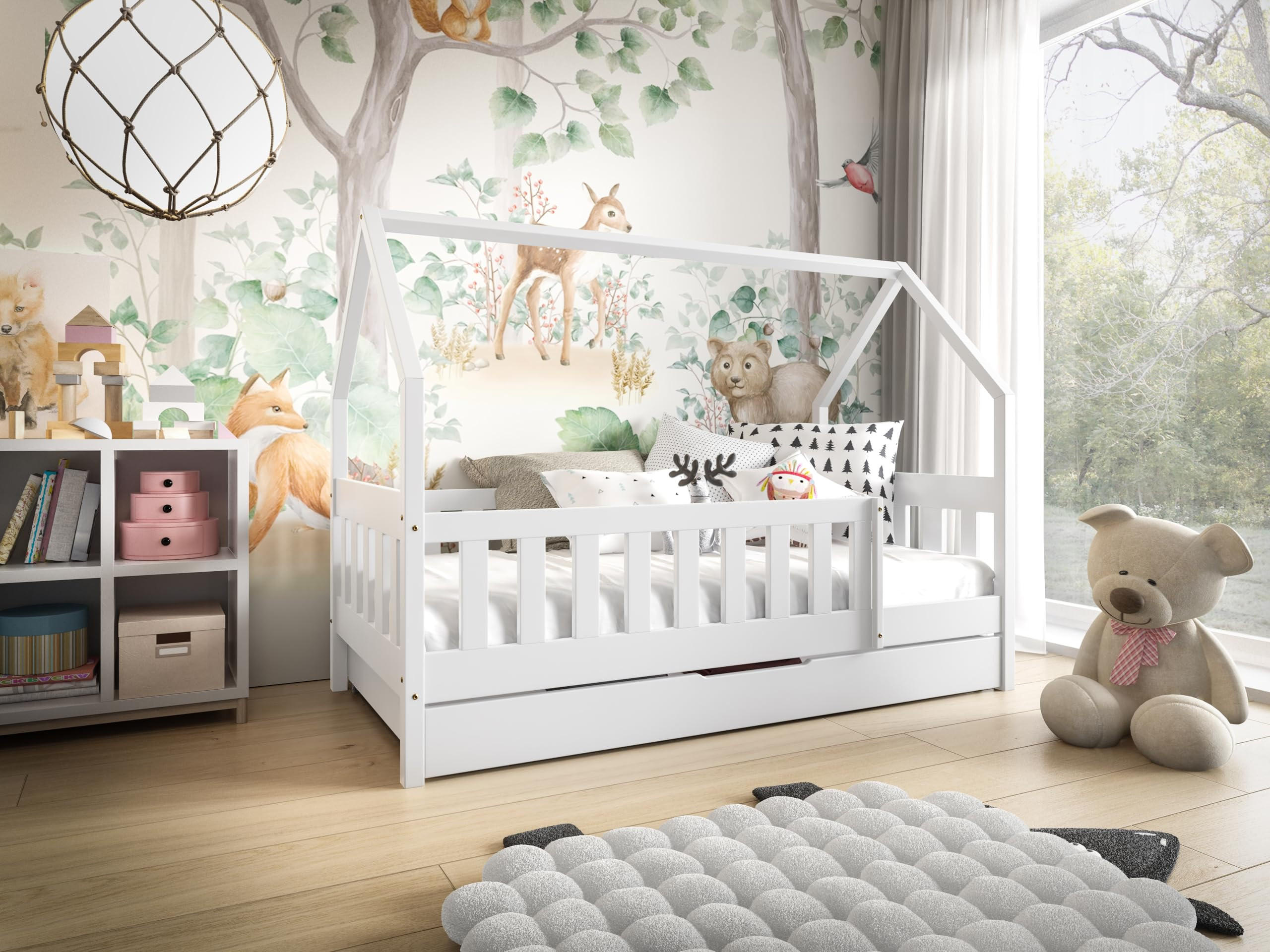 HAUSBETT Mickey mit Matratze, Rausfallschutz und Schublade Weiß, 160x80 cm) - Weiß, Holz (80/125/160cm) - VENASI MÖBEL