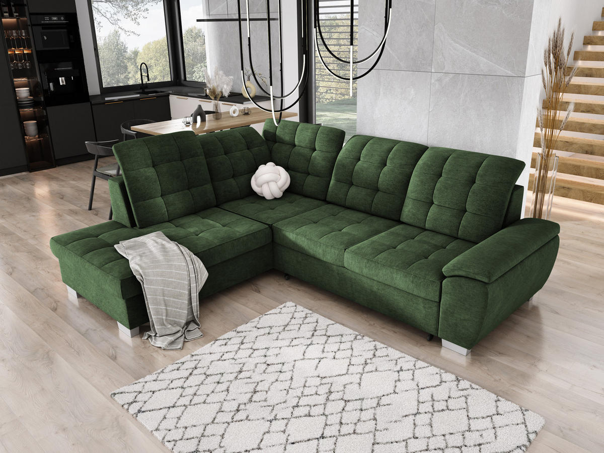 ECKSOFA LOTTA L-förmig Bettkasten verstellbare Kopfstützen hochwertige Verarbeitung lose Rückenkissen freistehend LINKS 212x258x106 cm Green - Grün, Holz/Textil (212/258cm) - DomoHome