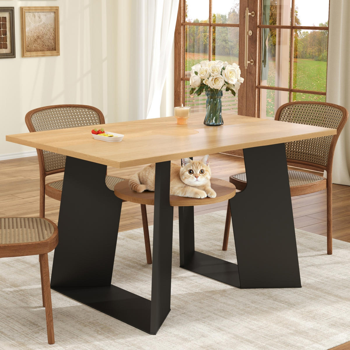 ESSTISCH 130/85/75 cm haustierfreundlich in Schwarz-Natur mit Ablagebrettchen - Schwarz, Holzwerkstoff (130/85/75cm) - OKWISH