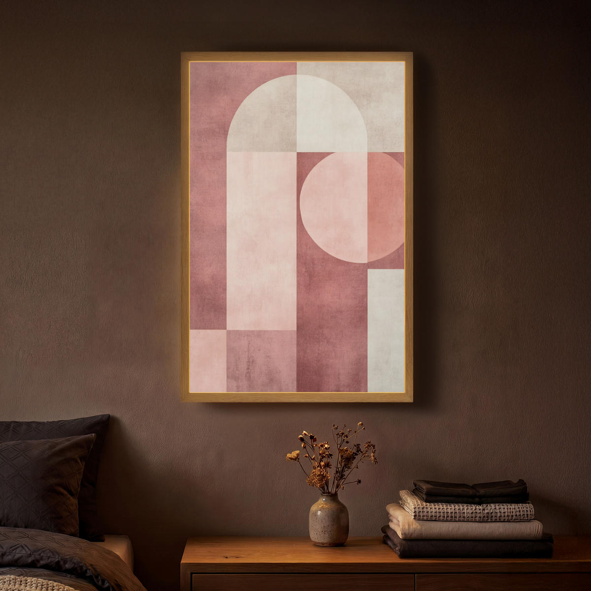 NÁSTĚNNÁ LAMPA S AKUMULÁTOREM Postavy - Abstraktní - Růžová 40x60 cm - starorůžová, kompozitní dřevo (40/60/8cm) - OnlyWow