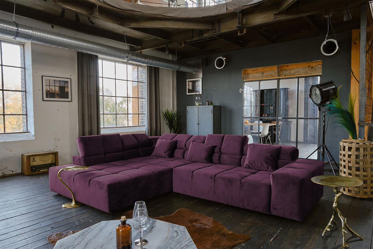 ECKSOFA NEVADA Violett Velvet - Violett/Schwarz, Textil (319/215cm) - KAWOLA