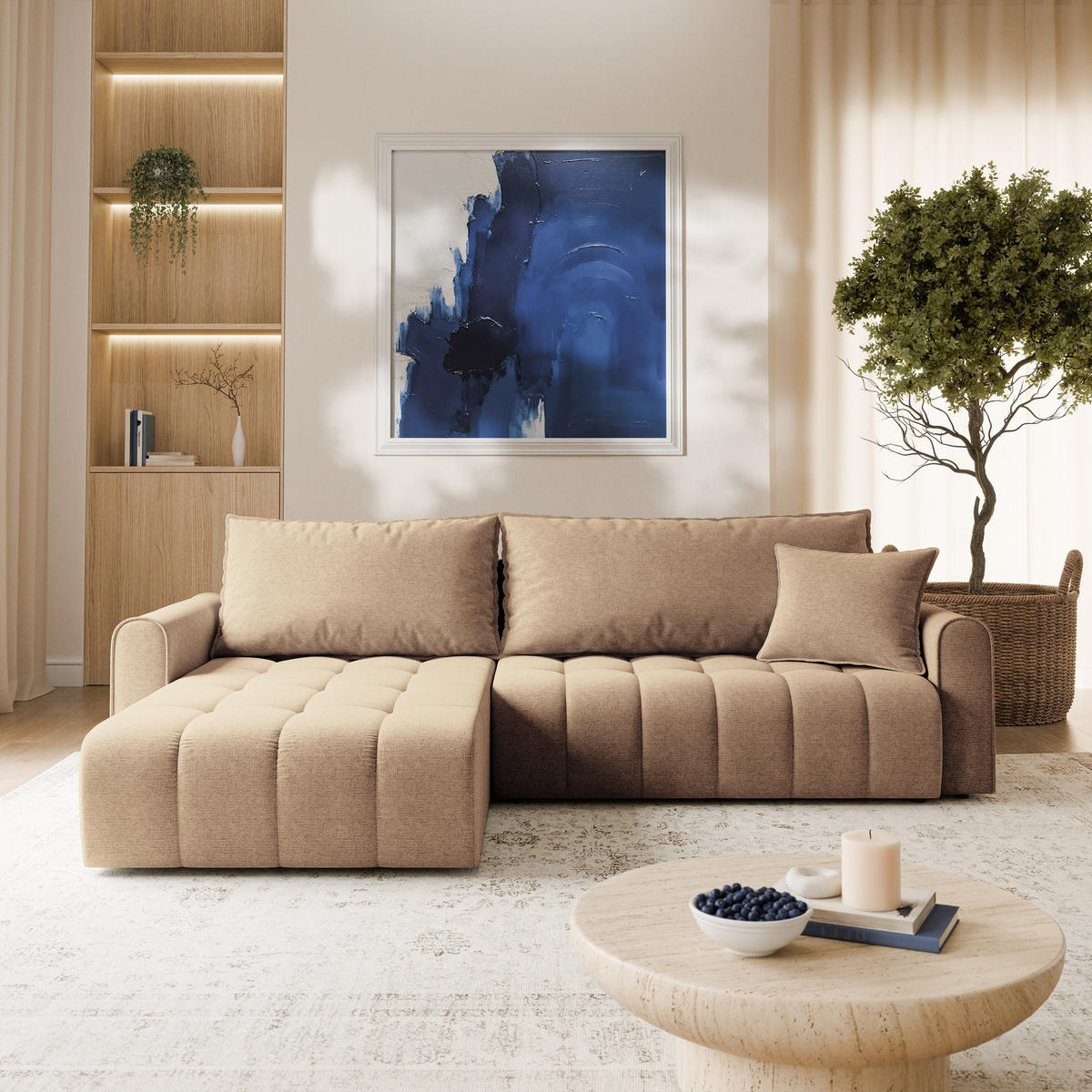 ECKSOFA FRIGA Beige Strukturstoff mit Schlaffunktion - Beige, Holz (283/185cm) - MASSENO