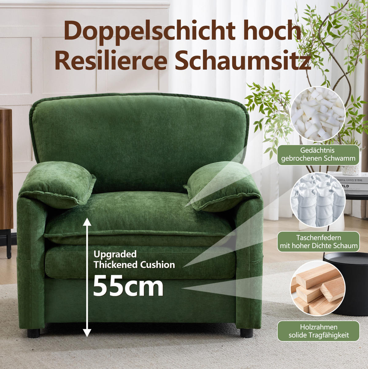 SESSEL mit doppelten Seitentaschen und mehrschichtiger Polsterung, Retro-Design, Dunkelgrün - Grün, Kunststoff (92/90/96cm) - Redom