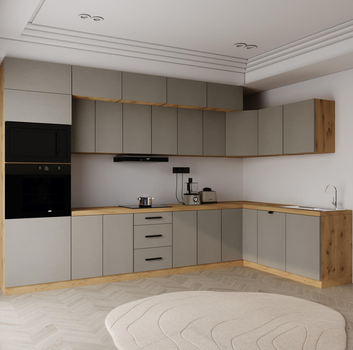 WINKELKÜCHE 360cm x 200cm- Langen KL10-M360 - in Beige/Matt - Beige, Holz/Metall (560/248/58cm)