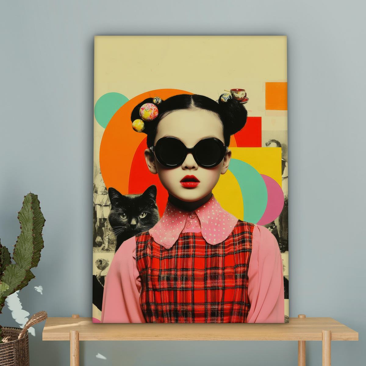 LEINWANDBILD Mädchen - Sonnenbrille - Katze - Retro Wanddeko Schlafzimmer 60x90 cm - Beige, Textil (60/90cm) - MuchoWow