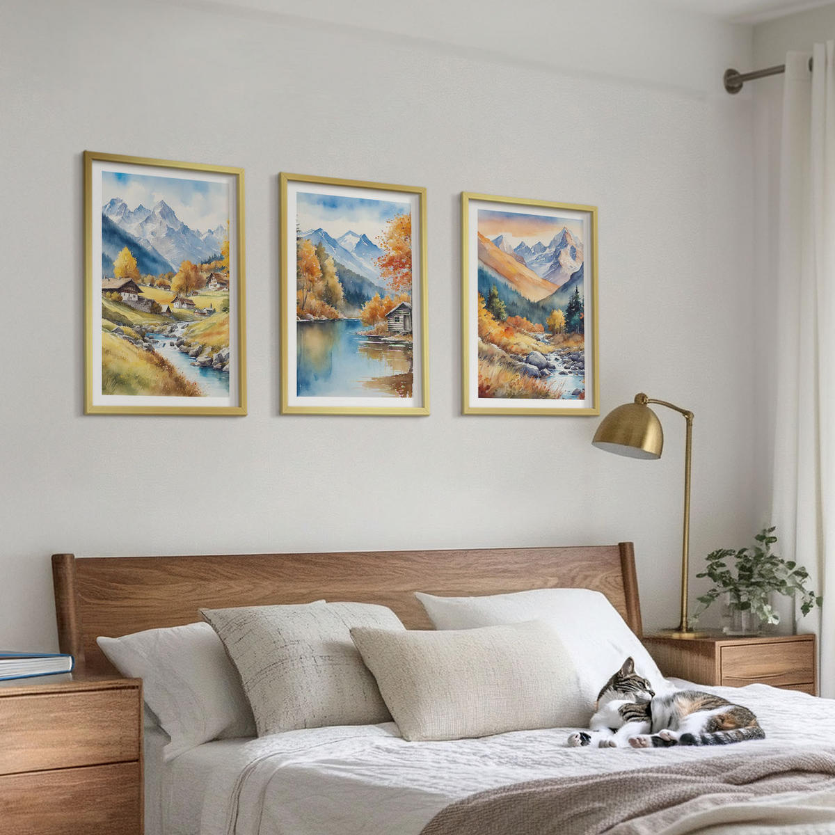 BILDER SET 3er Set - 40x60 cm Goldrahmen - Herbstliche Berge, Flusshäuser - Goldfarben, Kunststoff (40/60cm) - TULUP