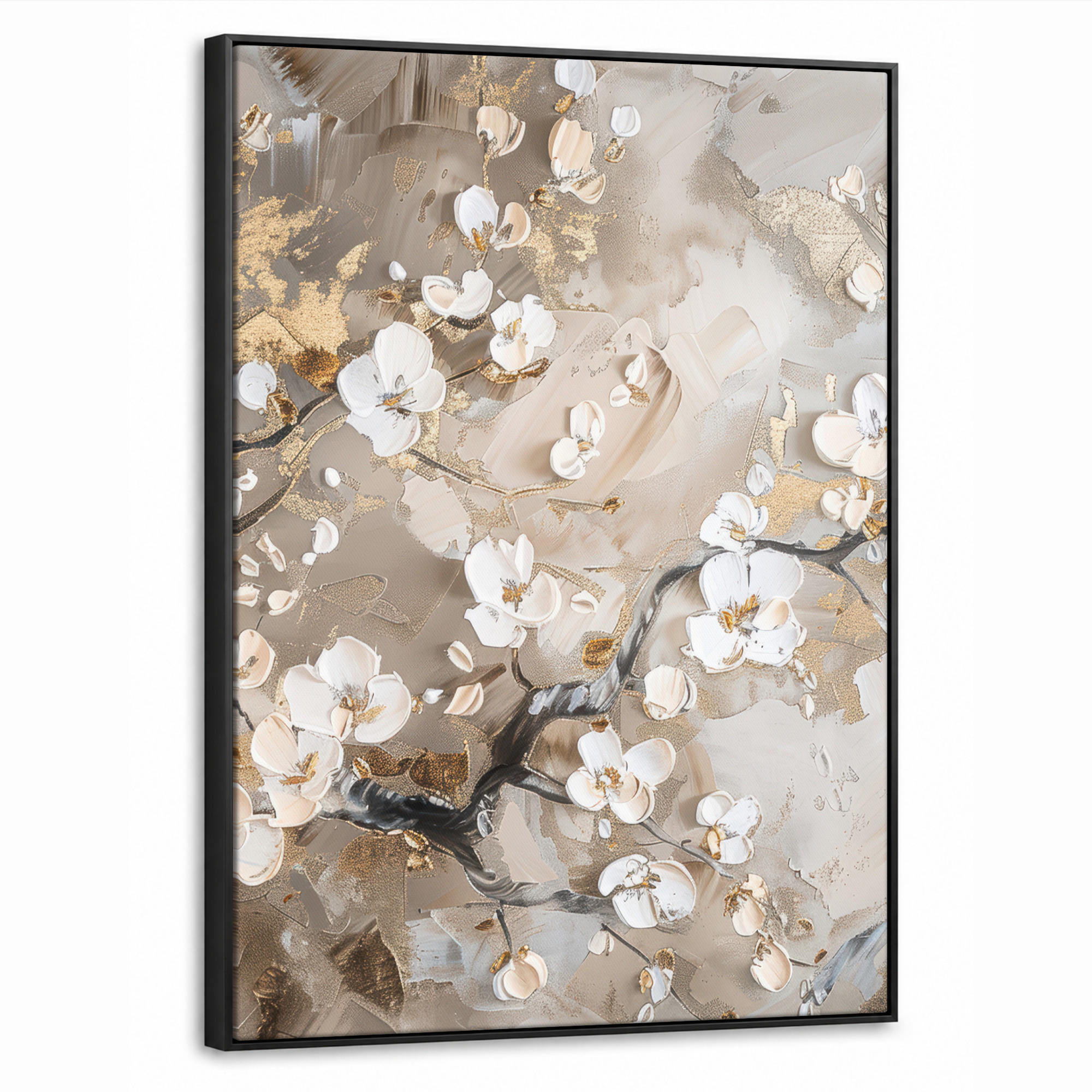 LEINWAND Bilder mit Rahmen - Blumen - Weiß - Gold - Beige - Luxus - 50x70 - Greige, Textil (50/70cm) - MuchoWow
