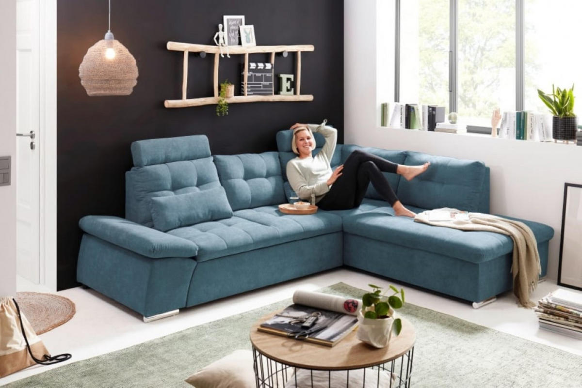 ECKSOFA mit Schlaffunktion, Bettkasten und verstellbarer Armlehne - Chromfarben/Blau, Textil (219/260cm) - ed exciting design