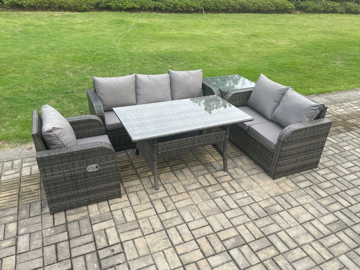 GARTENTISCHGRUPPE mit Liegestuhl,Hocker,Beistelltisch Polyrattan 6-Sitzer - Dunkelgrau/Grau, Glas/Kunststoff - Fimous
