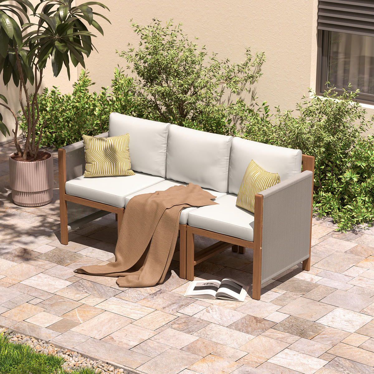 DININGSOFA - Akazie massiv / Polyester - Braun / Beige - 3-teilig - Beige/Braun, Holz/Textil - home24