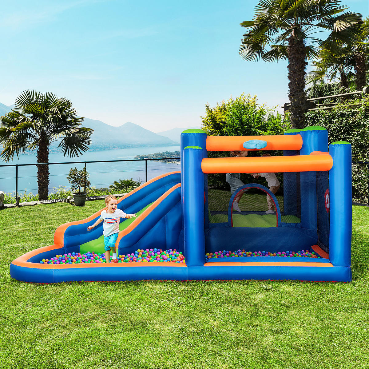 HÜPFBURG, Oxfordstoff, Mehrfarbig - Blau, Kunststoff (380/340/170cm) - Outsunny