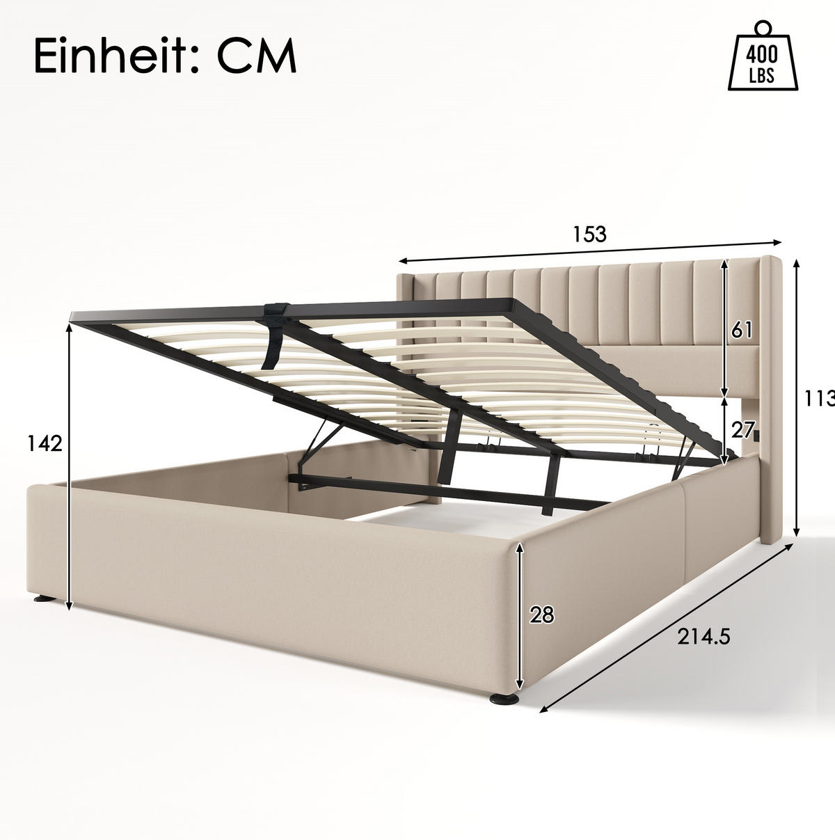 TAPECIRANI krevet 140/200 cm s hidrauličnim spremištem i uzglavljem s okomitim šavovima, Bež - bež, tekstil (140/200cm) - Redom