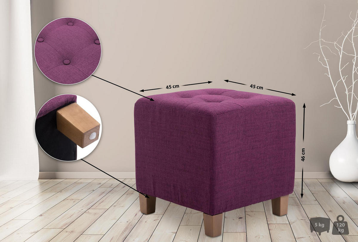 SITZWÜRFEL eckig 45/45/46 cm Stoff lila - Lila/Naturfarben, Holz/Textil (45/46/45cm) - CLP