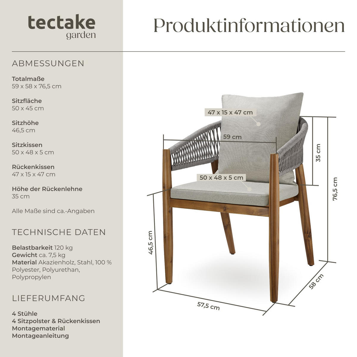 GARTENSTUHL Manacor, höhenverstellbare Kunststofffüße, greige - Greige/Braun, Holz (59/76.5/58cm) - tectake
