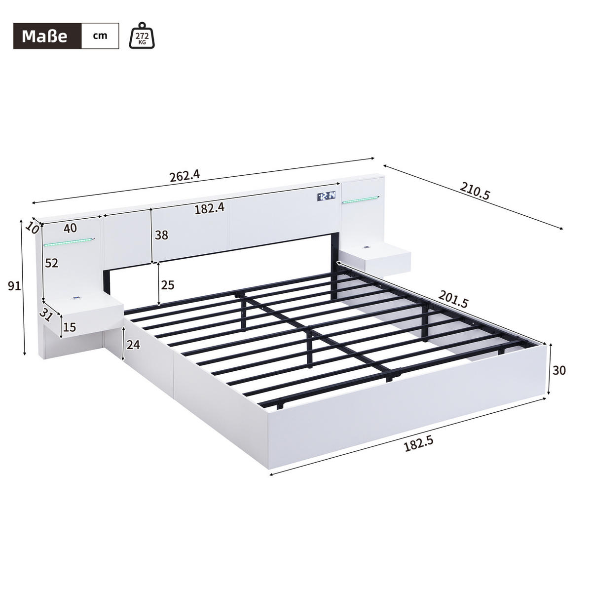 POLSTERBETT aus MDF 180x200 cm Weiß mit Bluetooth-Lautsprechern, USB-A/USB-C, LED-Farblichtleiste und 2 Nachttischen - Weiß, Holzwerkstoff (180/200cm) - Modfu