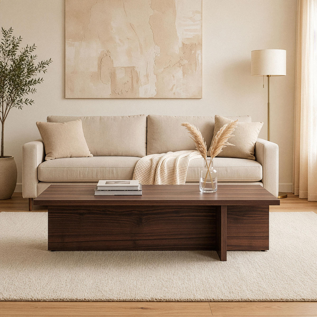 COUCHTISCH mit rechteckiger Platte und asymmetrischem Fuß L120 cm - HARBOR - Naturfarben, Holzwerkstoff (50/45/30cm) - Calicosy