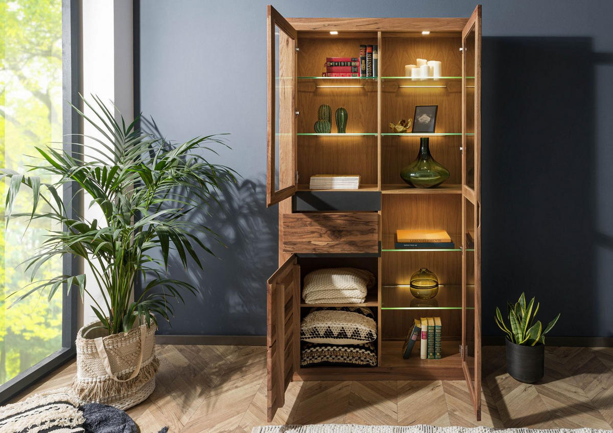 VITRINE Wild-/ Zerreiche 110x42x200 tabacco brown geölt MONTREUX #318 - Braun, Holz (110/200/42cm) - Massivmoebel24