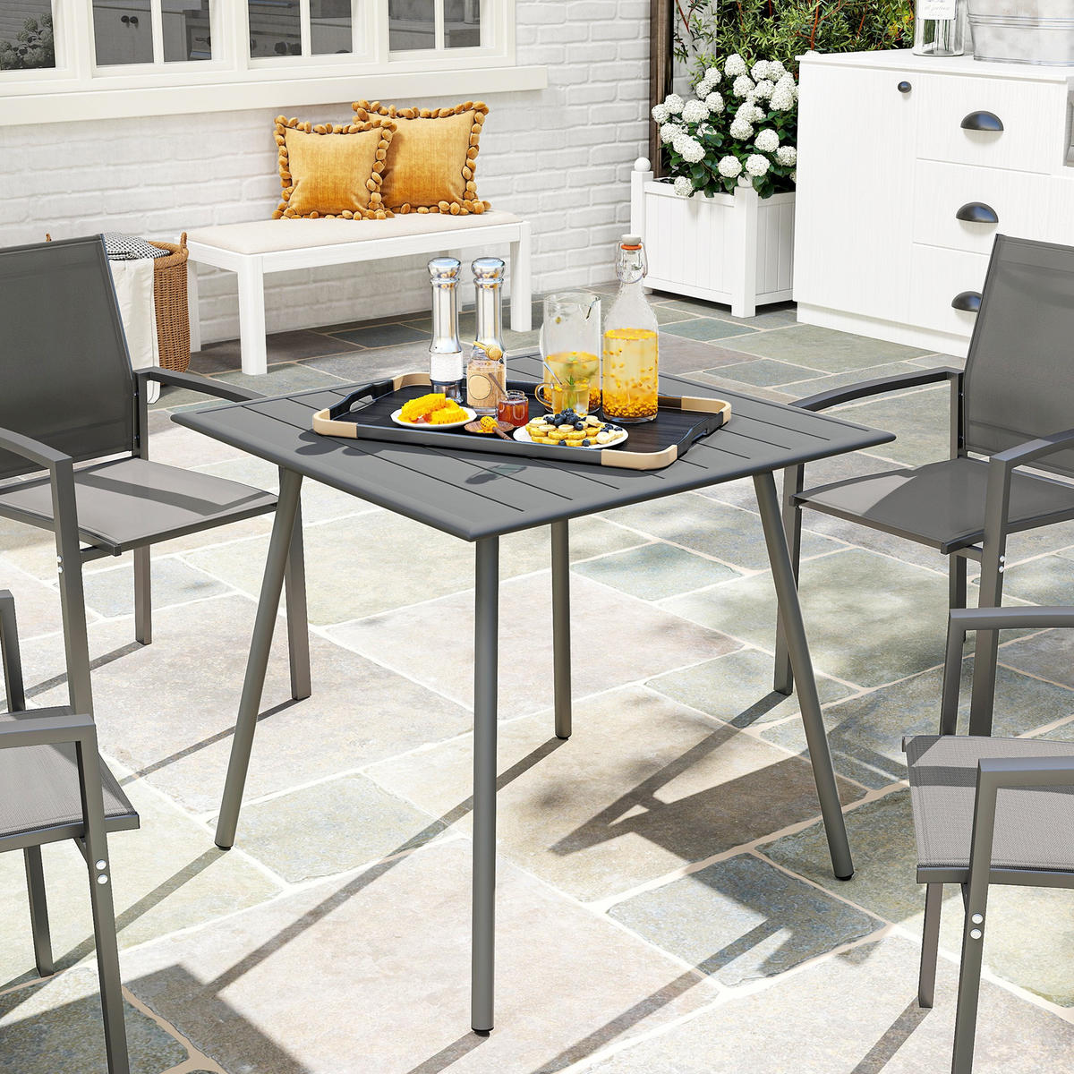 GARTENTISCH DE-14123 quadratisch 80x80 cm, Lattenrost Grau - Grau, Metall (80/80/74cm) - ComfortXL