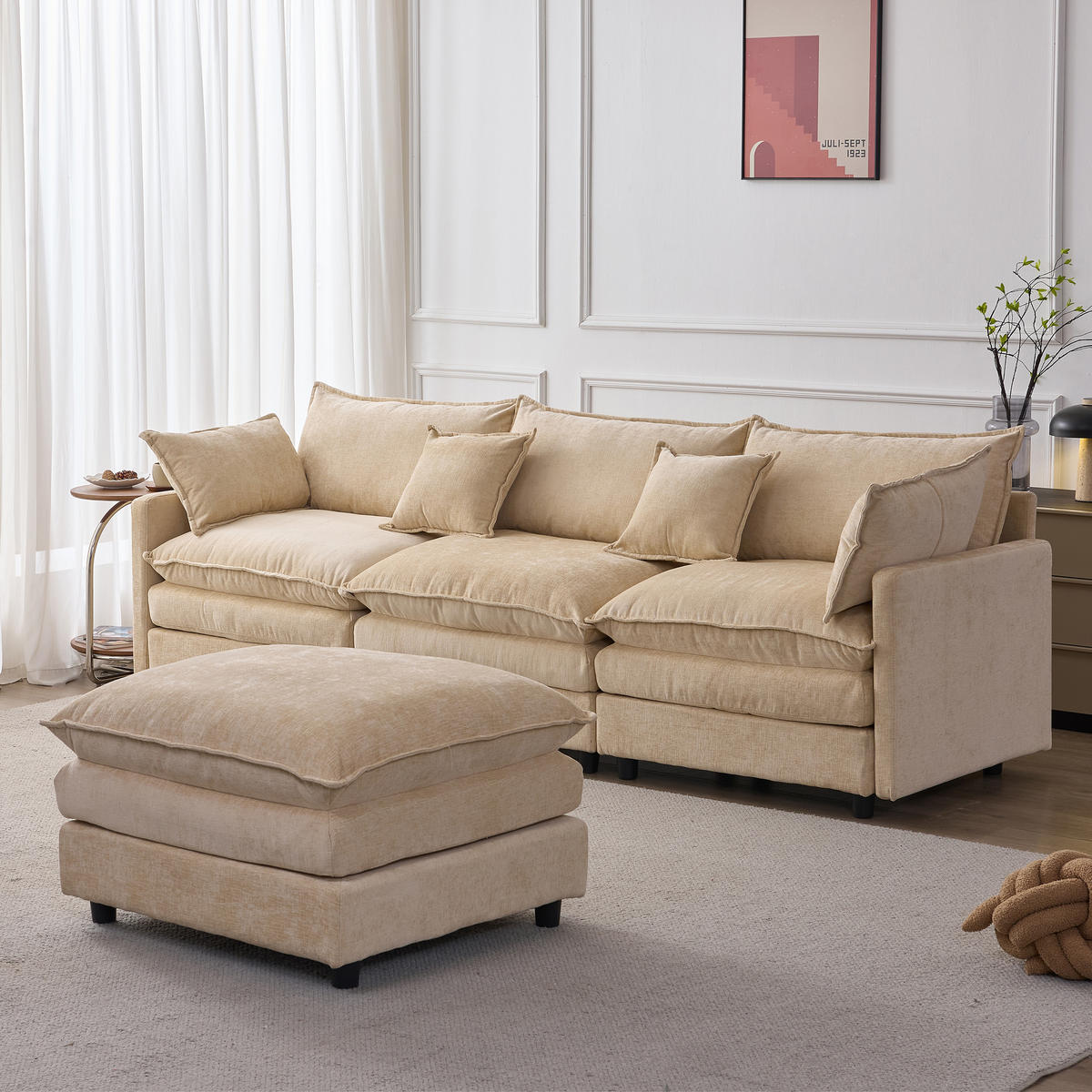ECKSOFA 267/154/85 cm Leichter Kaffee mit Chaiselongue und Hocker - Cappuccino, Textil (267/154cm) - Oxeza