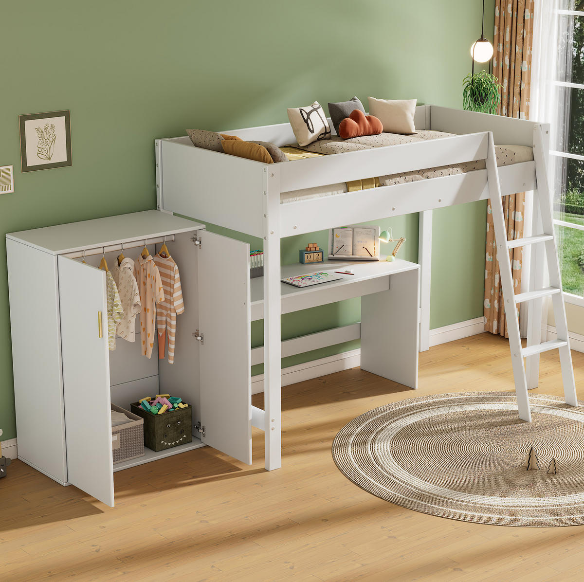 HOCHBETT 90/200 cm in Weiß mit Schreibtisch und Kleiderschrank - Weiß, Holzwerkstoff (90/200cm) - Flora Grace
