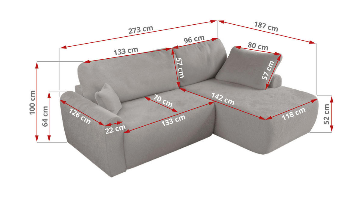 ECKSCHLAFSOFA CUBO L Hellgrau Plüsch - links - Hellgrau/Schwarz, Kunststoff/Textil (273/187cm) - MKS