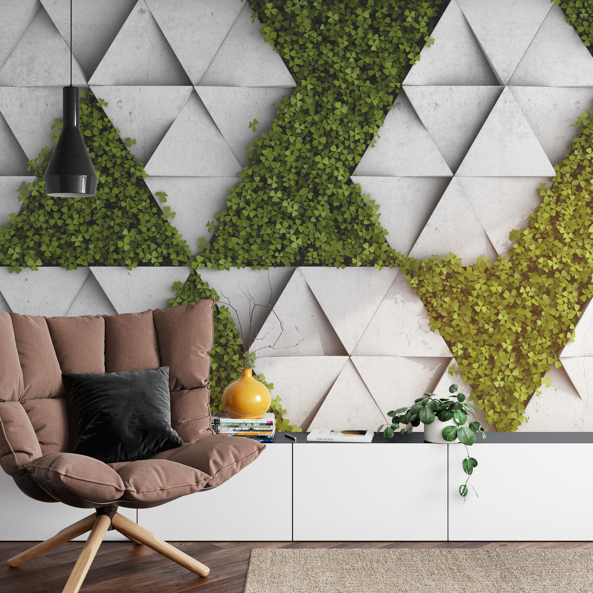 FOTOTAPETE für Wohnzimmer Klee Beton Dreiecke Abstraktion Modern 450x315 - Grau/Grün, Papier (450/315cm) - Muralo