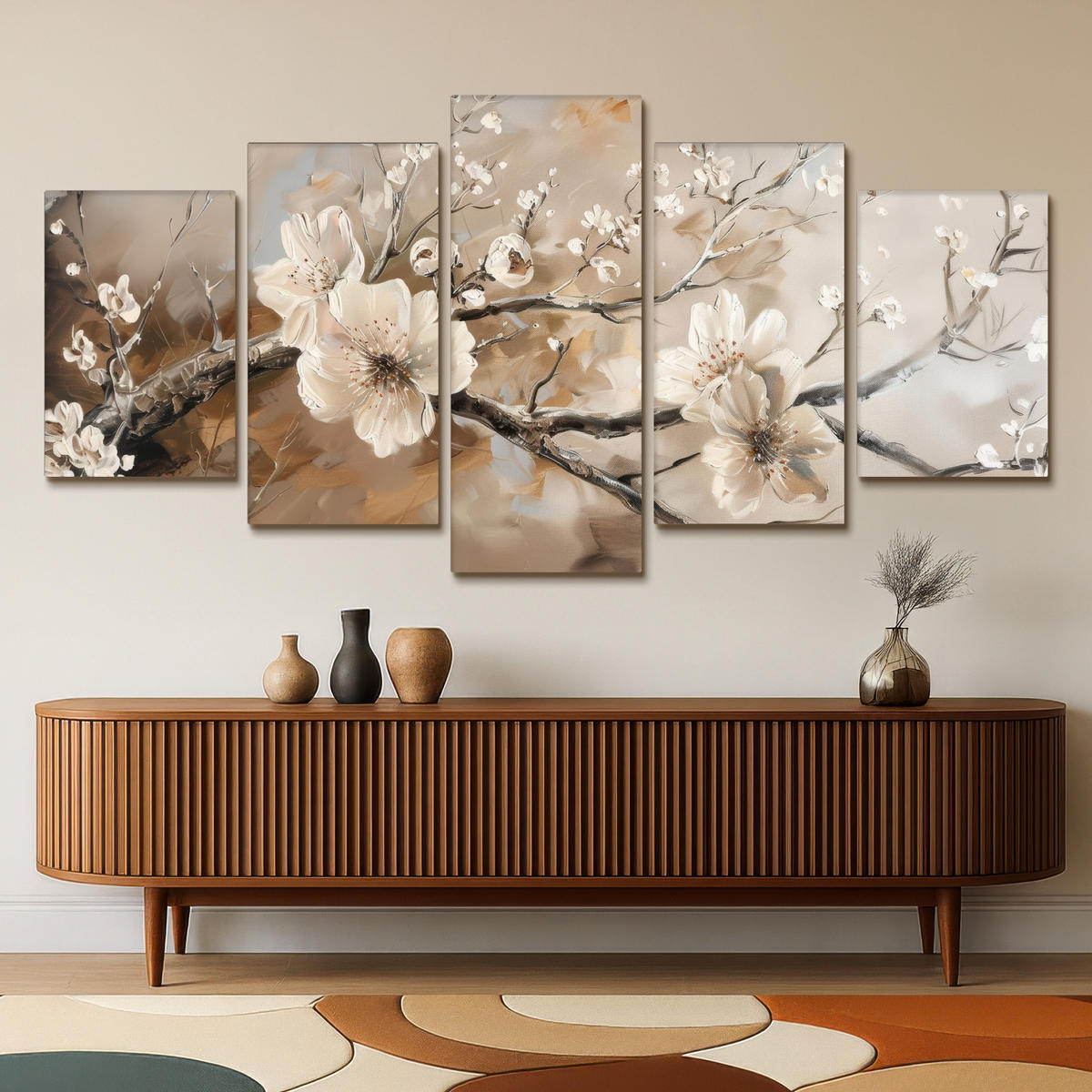 LEINWANDBILD 5er Set Blüte - Beige - Abstrakt - Blumen 200x100 cm - Hellbraun, Textil (200/100cm) - MuchoWow