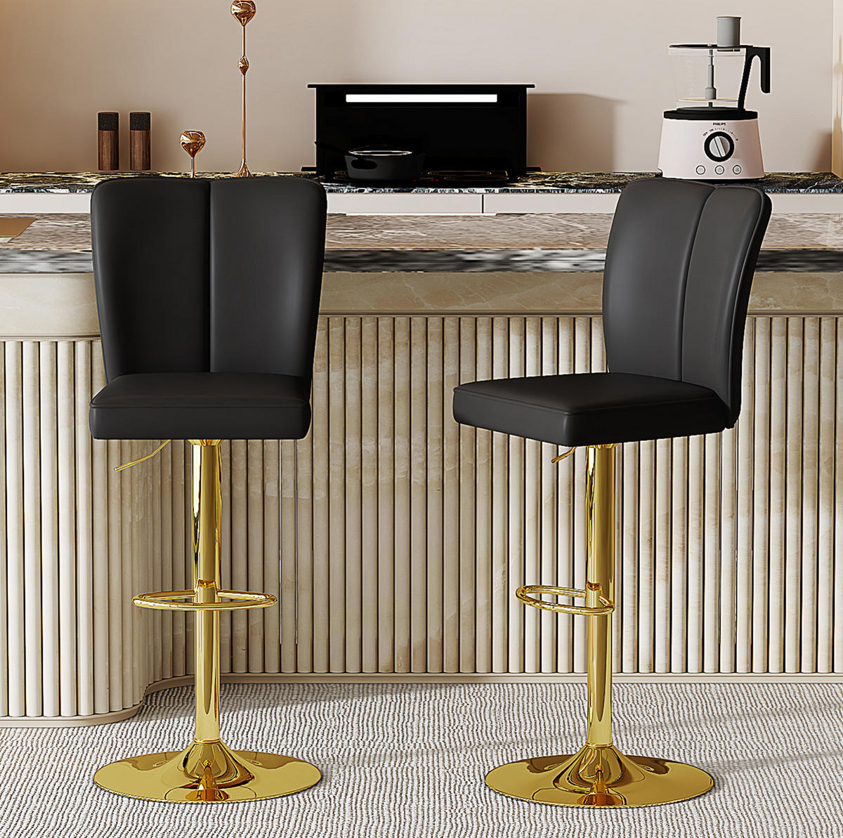 BARHOCKER 2er-Set Schwarz/Gold höhenverstellbar und 360° drehbar - Schwarz, Metall (44/117.5/44.5cm) - MIVRAY