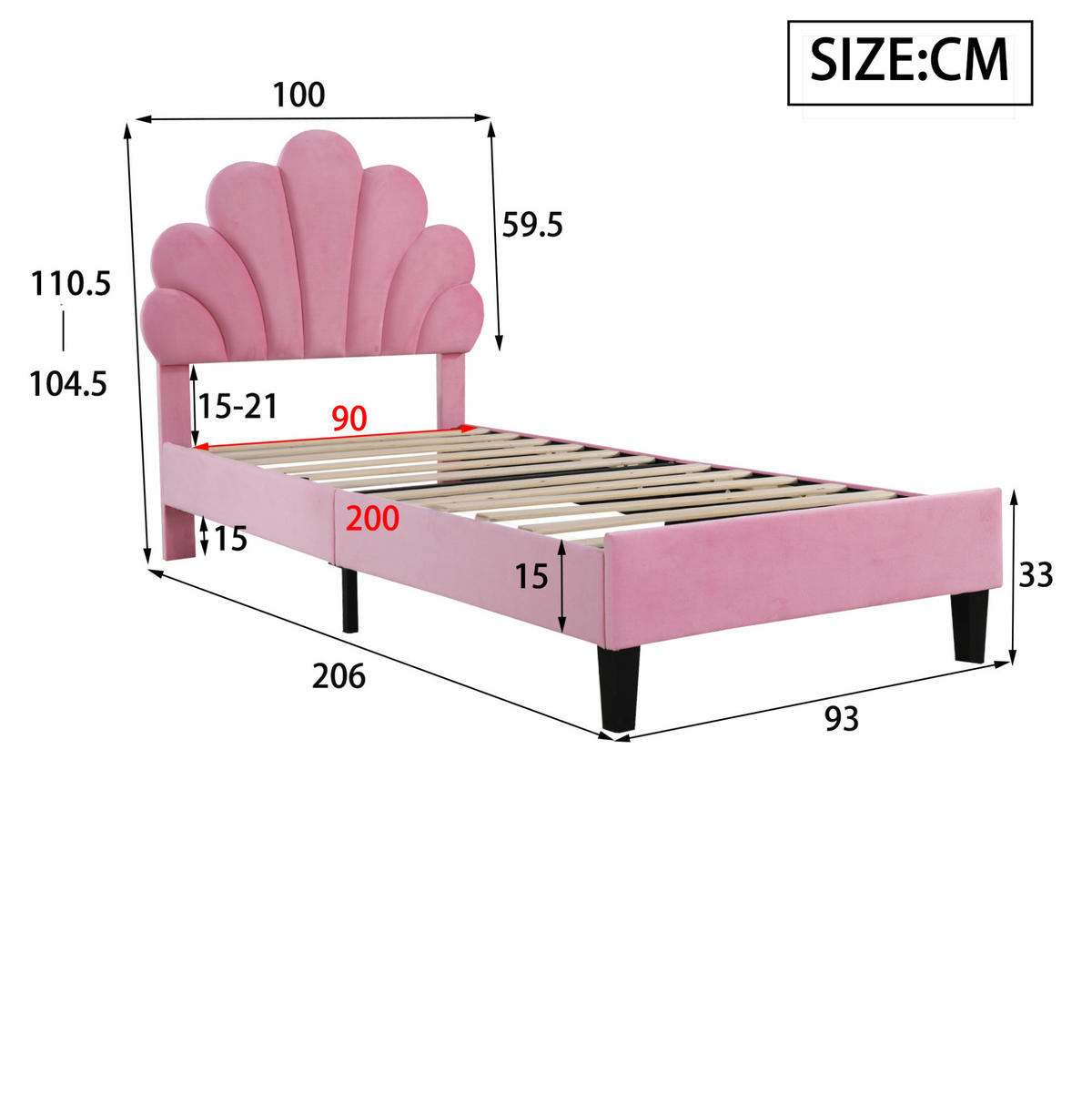 POLSTERBETT 90/200 cm mit Lattenrost, blumenförmigem Kopfteil und Samtbezug, Rosa - Rosa, Textil (90/200cm) - Redom