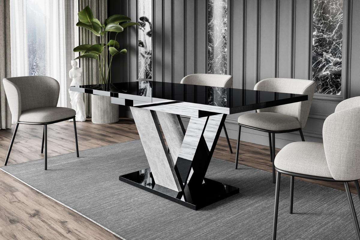 ESSTISCH ausziehbar 120 -160x80x75 cm - Black Gloss / Stone - CLASI - Schwarz Hochglanz/Grau, Holzwerkstoff (120/80/75cm) - ALTDECOR