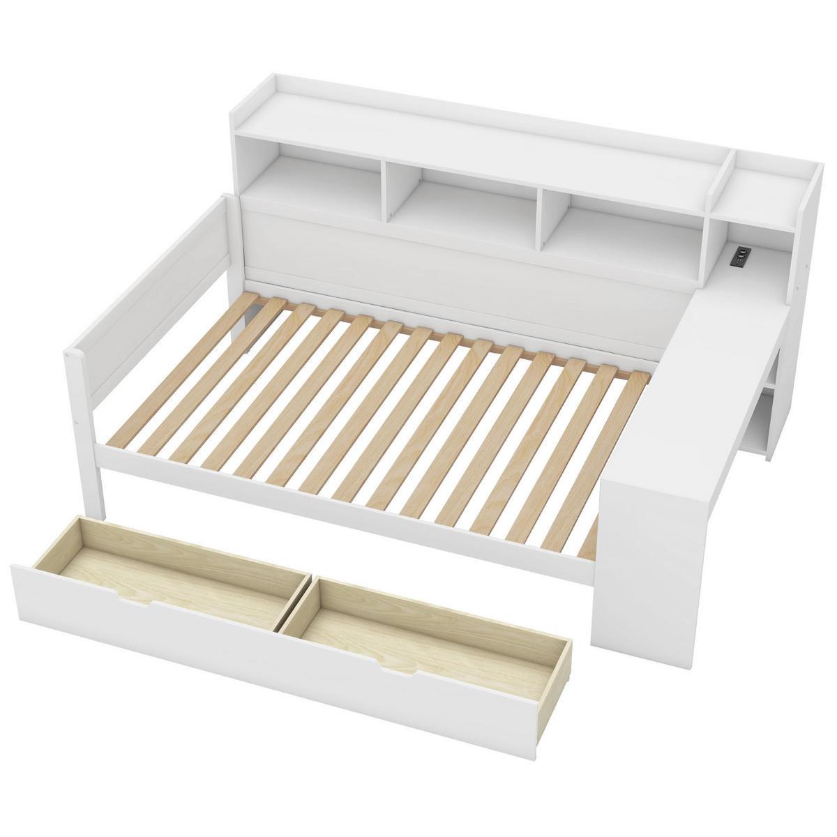 BETT 90/200 cm Weiß aus Spanplatte und MDF mit Schreibtisch, USB-Anschluss und 2 Schubladen - Weiß, Holzwerkstoff (90/200cm) - OKMYHOME