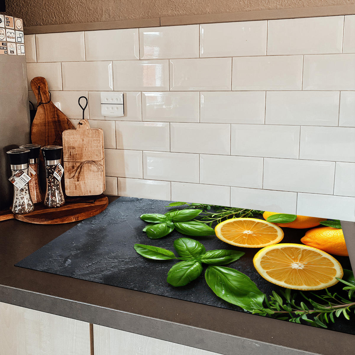 HERDABDECKPLATTE Obst - Grau - Konkret - Orange - Pflanzen Ceranfeldabdeckung 80x52 cm - Anthrazit, Kunststoff (80/52/0.2cm) - MuchoWow