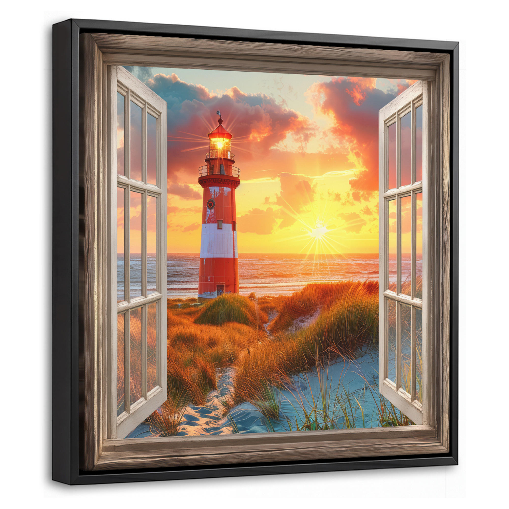 LEINWAND Bilder mit Rahmen - Aussicht - Fenster - Leuchtturm - Sonnenuntergang - Strand - 20x20 - Dunkelorange, Textil (20/20cm) - MuchoWow