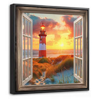 LEINWAND Bilder mit Rahmen - Aussicht - Fenster - Leuchtturm - Sonnenuntergang - Strand - 20x20 - Dunkelorange, Textil (20/20cm) - MuchoWow