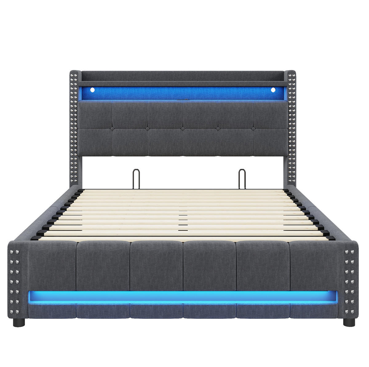ČALÚNENÁ posteľ 160/200 cm s LED osvetlením, USB portom a hydraulickým úložným priestorom, Sivá - sivá, textil (160/200cm) - Redom