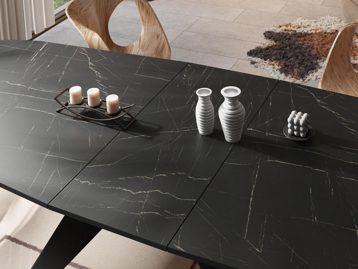 ESSTISCH Foster rechteckig ausziehbar, Marmor Schwarz 160-198/80/76 cm - Anthrazit/Schwarz, Holzwerkstoff/Metall (160/80/76cm) - WFL GROUP