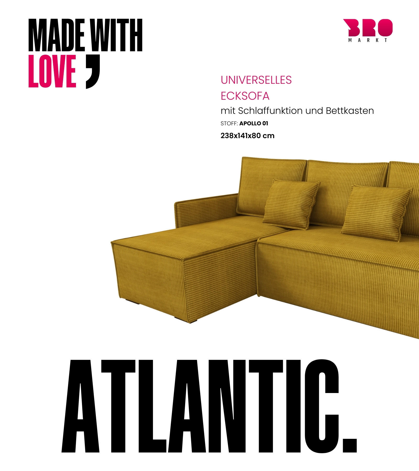 ECKSOFA Atlantic mit Schlaffunktion Gelb Cord - Gelb, Textil (238/141cm) - Bromarkt