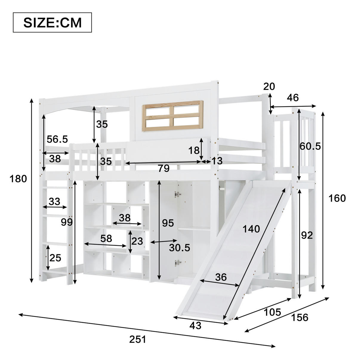 ETAGENBETT 90/200 cm in Weiß/Natur mit Rutsche, Kleiderschrank und Regal - Weiß, Holzwerkstoff (90/200cm) - OKMYHOME