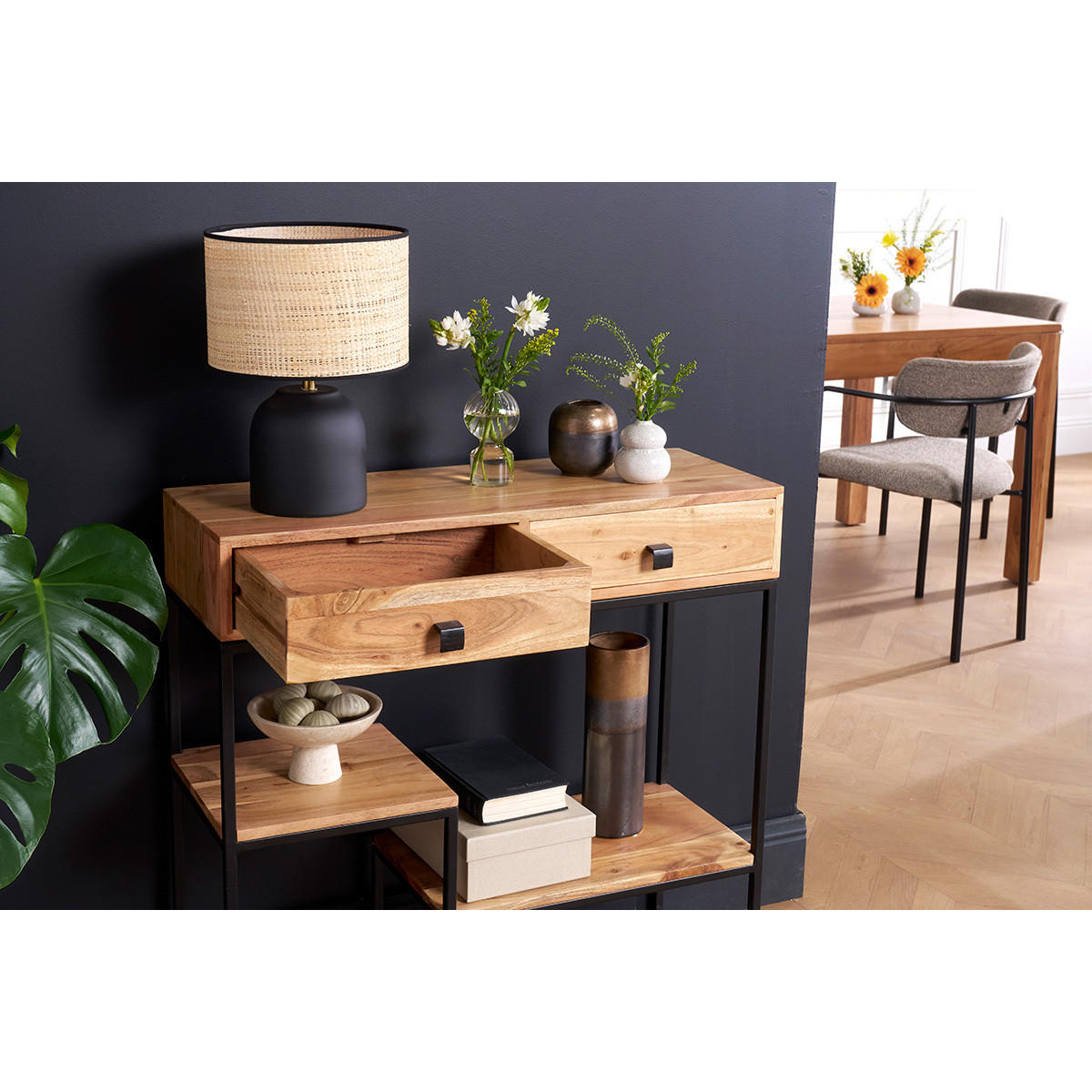 KONSOLE 2 Schubladen Akazienholz Metall L80 GRENELLE - Dunkelbraun, Holz (80/30/80cm) - Miliboo