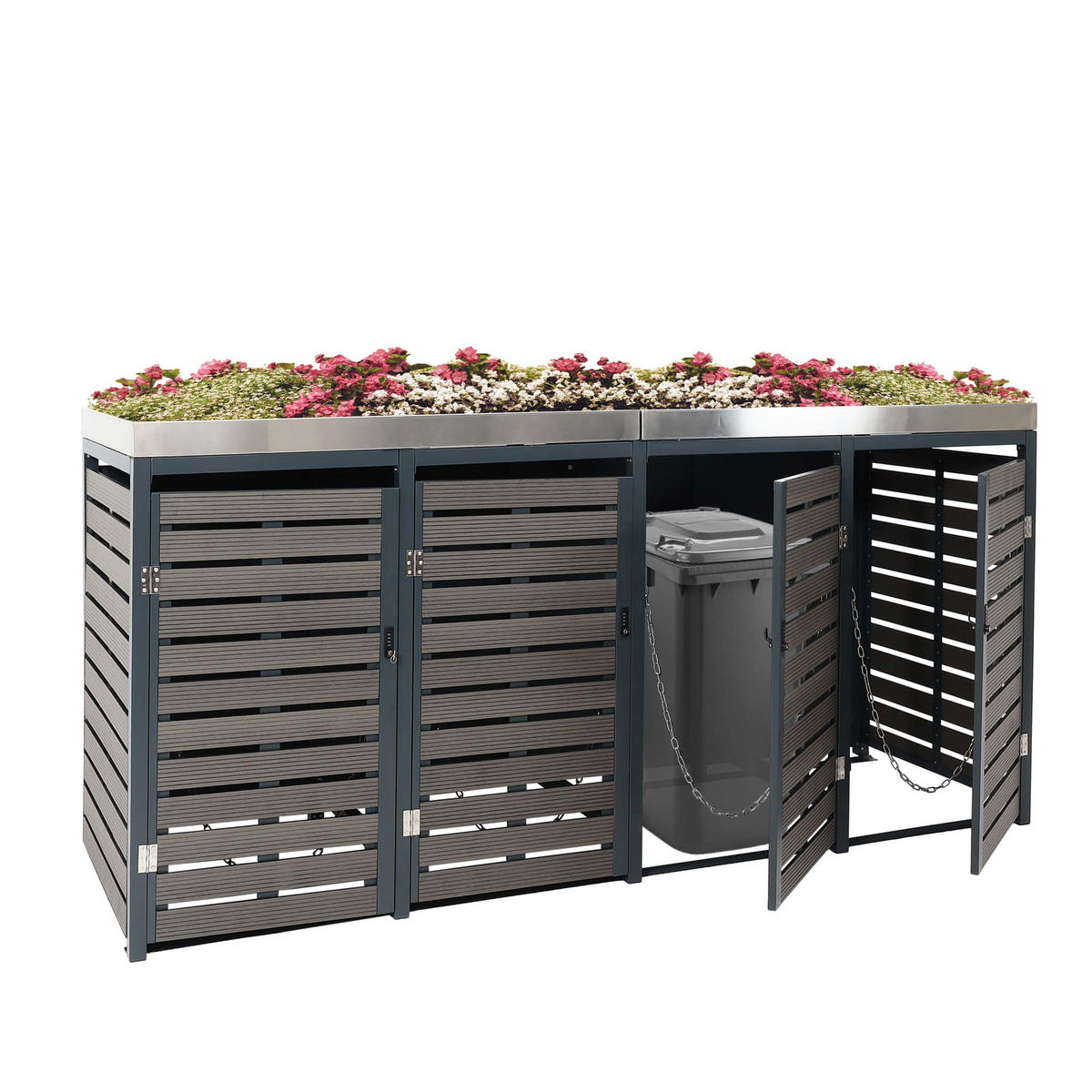 MÜLLTONNENBOX 4er mit Pflanzkasten HxBxT 124x265x84cm Anthrazit - Anthrazit, Metall (265/124/84cm) - PROREGAL