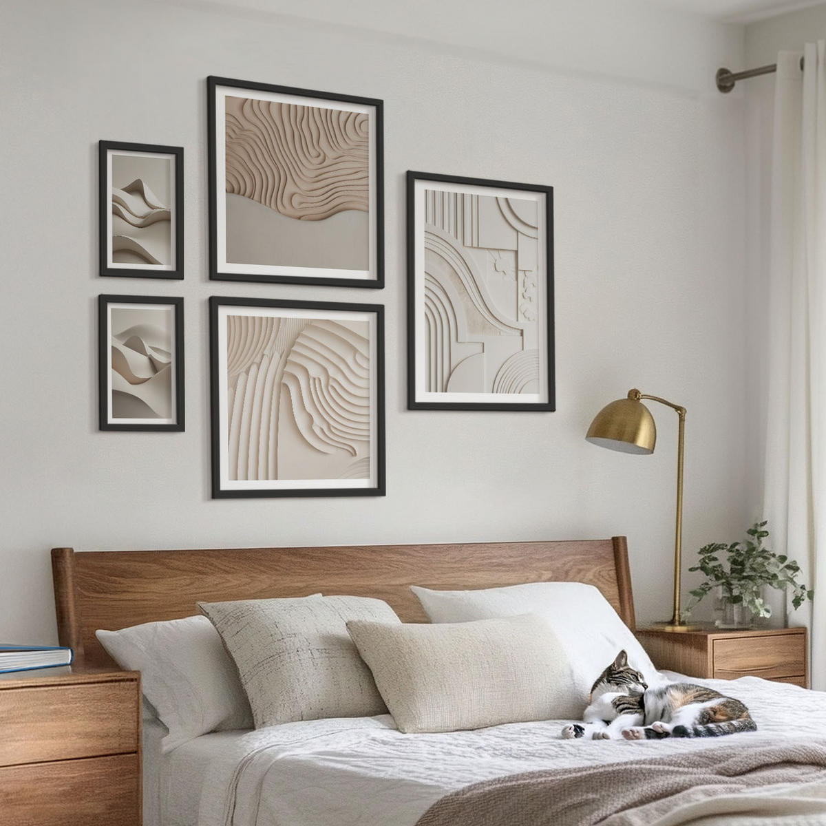BILDER SET 5er Set - 50x50 cm & 20x30 cm & 40x60 cm Schwarzer Rahmen - Abstrakte beige Wellen - Schwarz, Kunststoff (40/60cm) - TULUP
