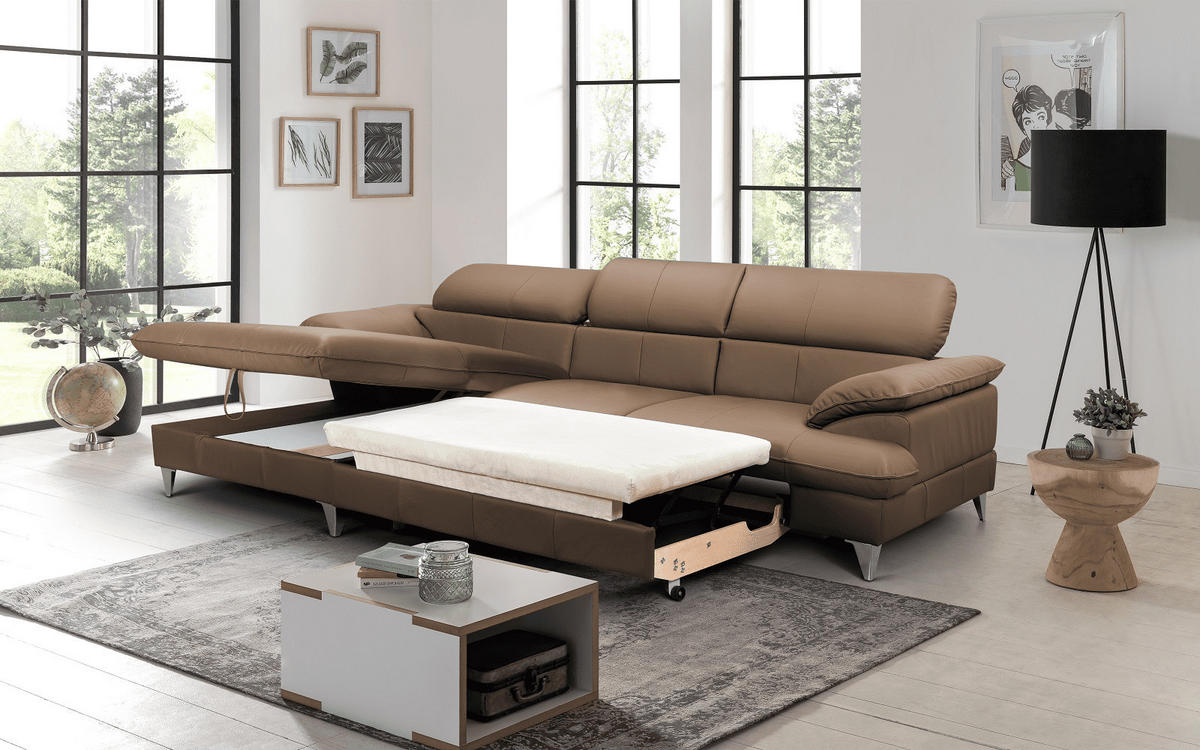 ECKSOFA mit Schlaffunktion und Bettkasten, Echtleder - Chromfarben/Hellbraun, Leder/Holz (254/167cm) - Cotta