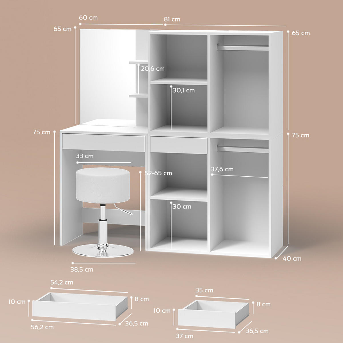 SCHMINKTISCH Nola Weiß 140 cm mit Hocker und Schrank - Weiß, Holzwerkstoff (140/140/40cm) - Livinity®